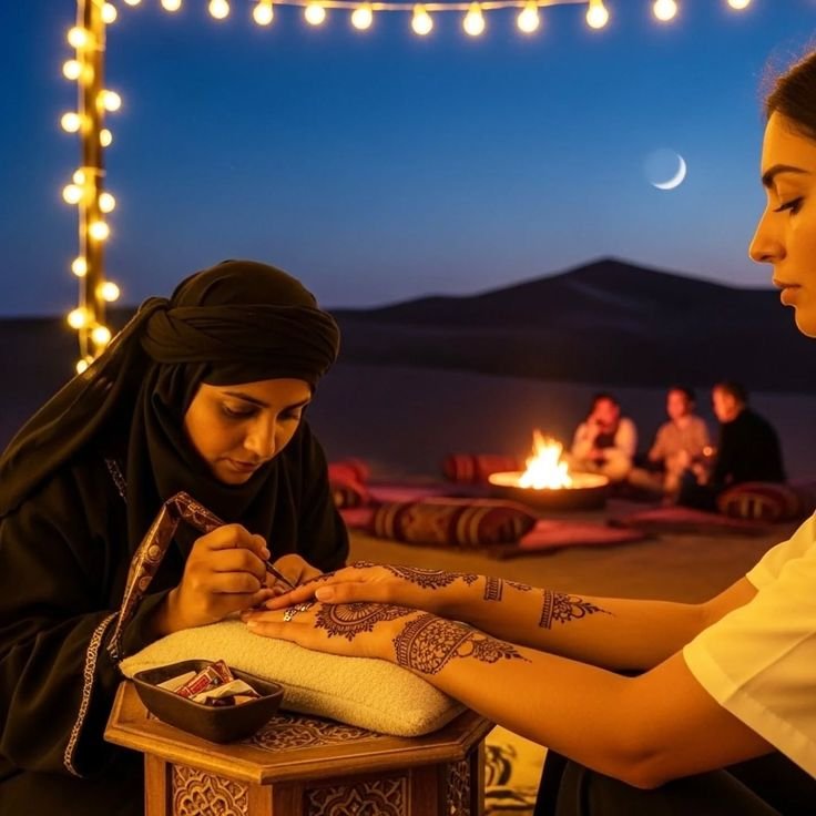 Bedouin camp lit up under the night sky in the Al Khatim desert